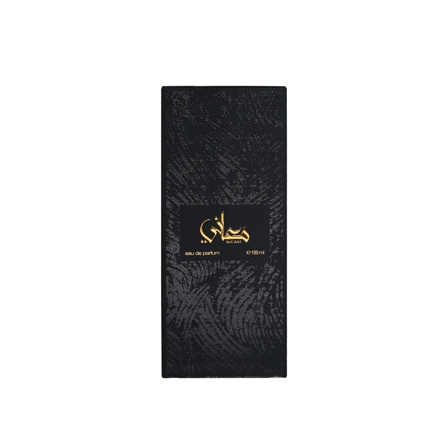 Elegant black perfume box with gold Arabic script and textured design, 100ml eau de parfum.