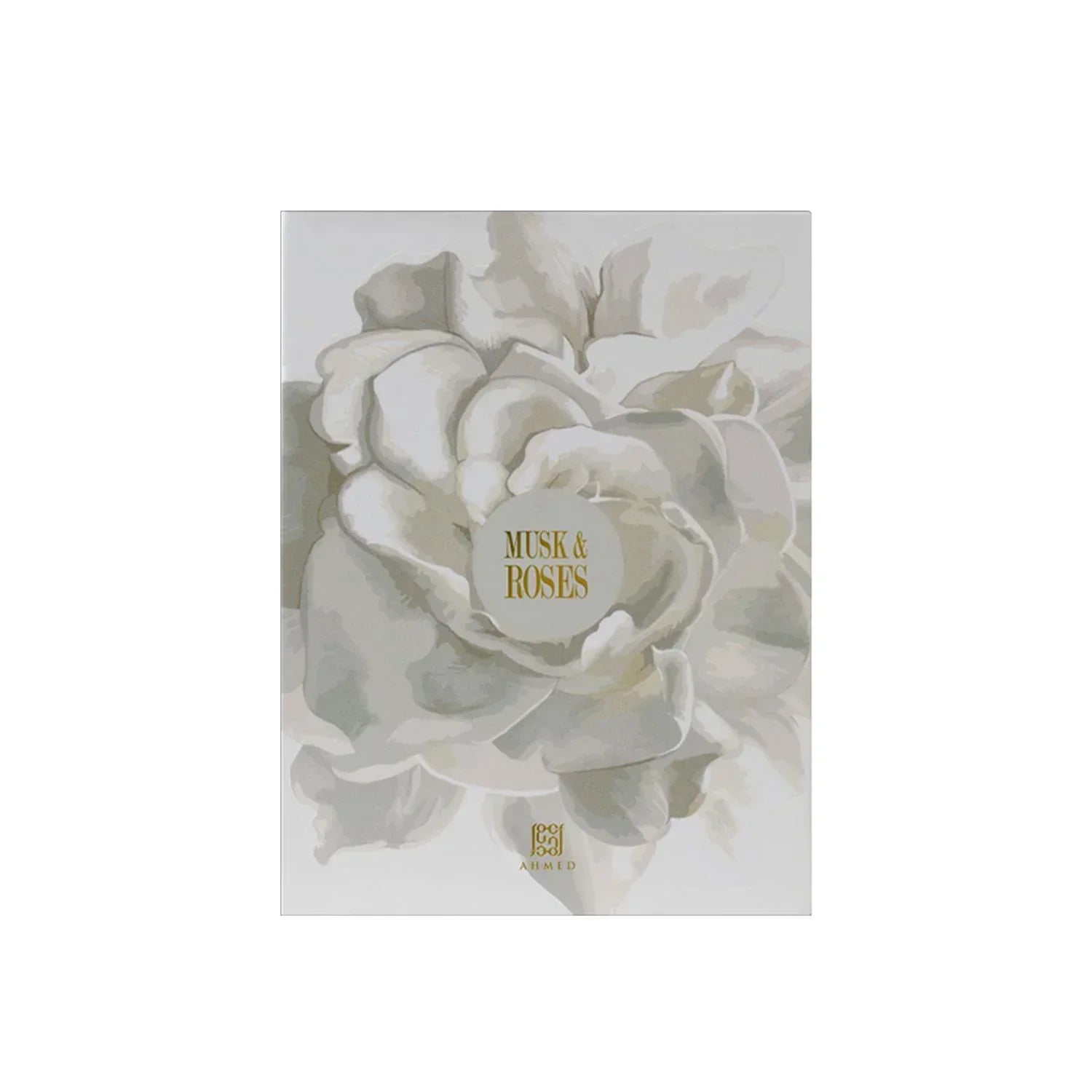 Musk & Roses luxury perfume packaging with elegant white rose design