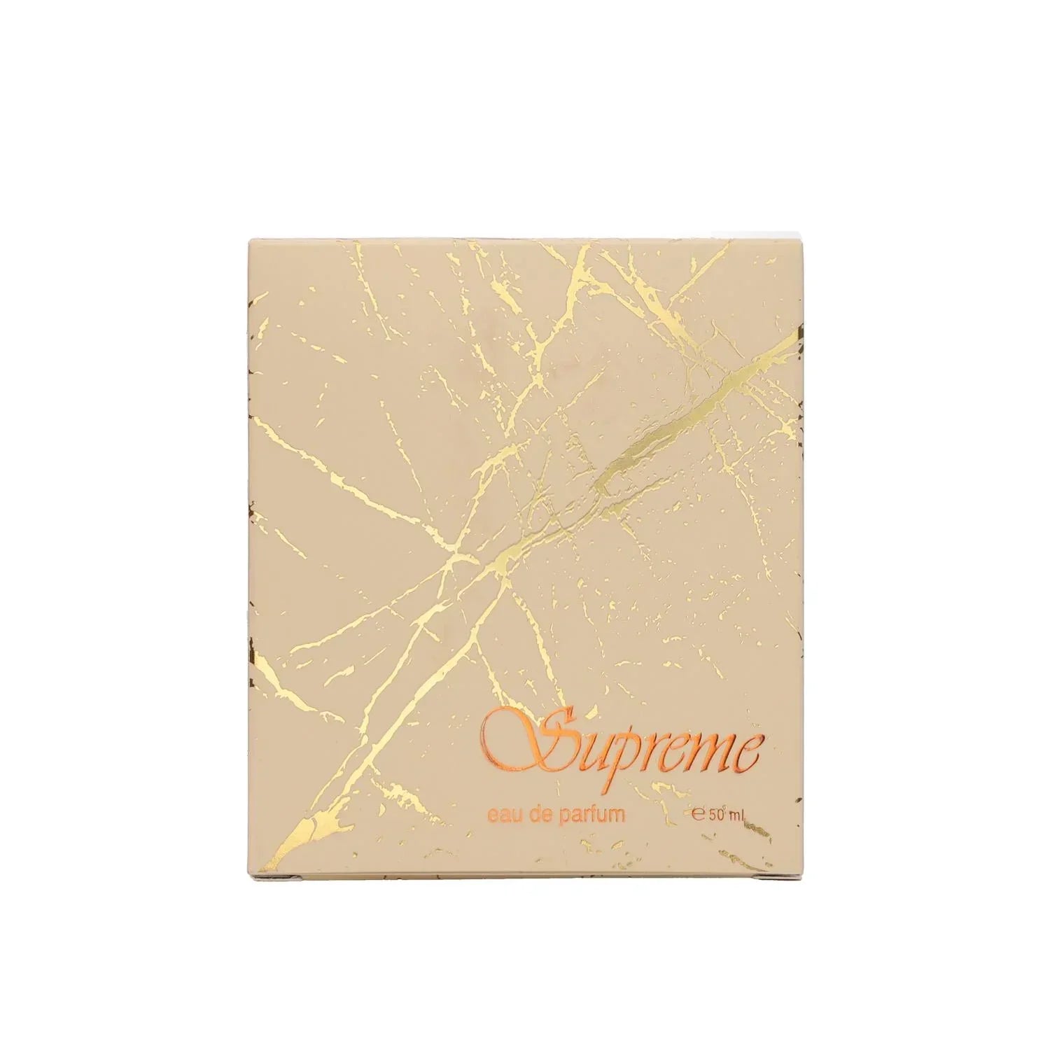 Beige Supreme eau de parfum box with gold marble pattern, luxury fragrance packaging