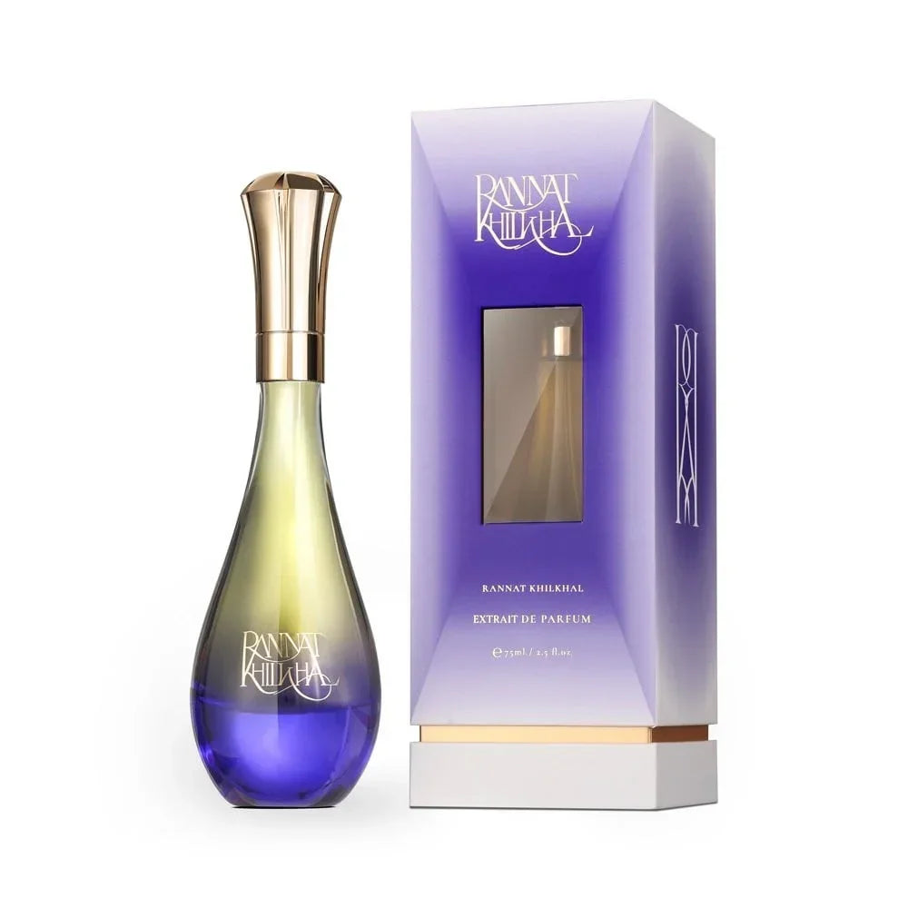 Elegant Middle Eastern perfume bottle with gold cap and purple gradient box, RANNAT KHILKHAL Extrait de Parfum.