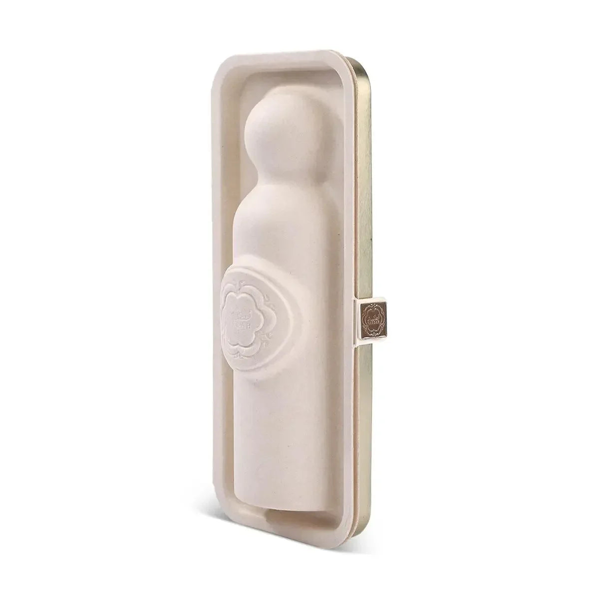 Luxury Middle Eastern perfume bottle in elegant white sculpted packaging on white background