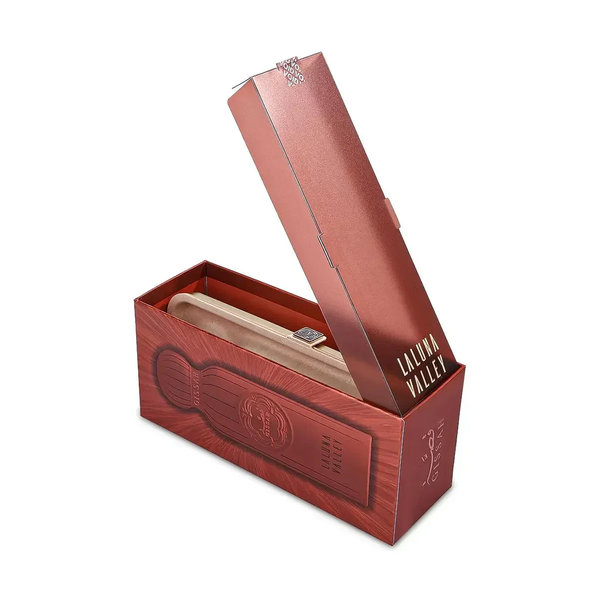 Luxury Laluna Valley perfume gift box open, revealing bottle inside premium packaging
