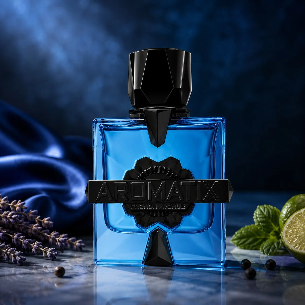 Aromatix Magnetiq 100ml perfume in a square blue glass bottle with a black geometric cap and logo on a marble surface.