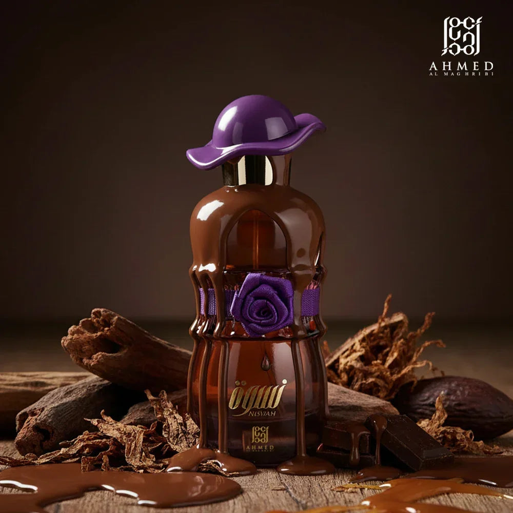 Luxury Middle Eastern perfume bottle with purple hat and rose, surrounded by chocolate and spices