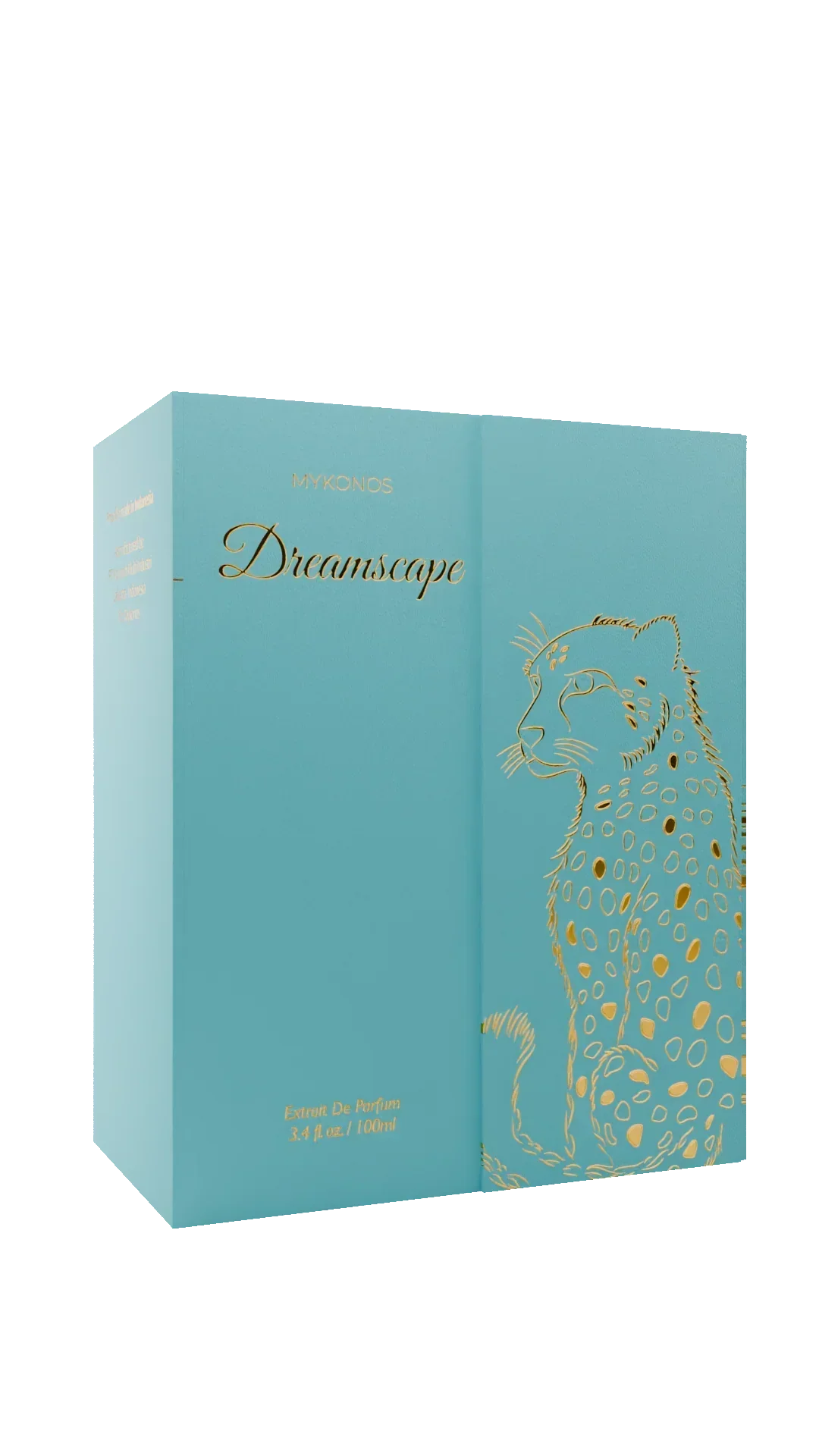 Light blue Dreamscape perfume box with gold cheetah illustration and Mykonos branding