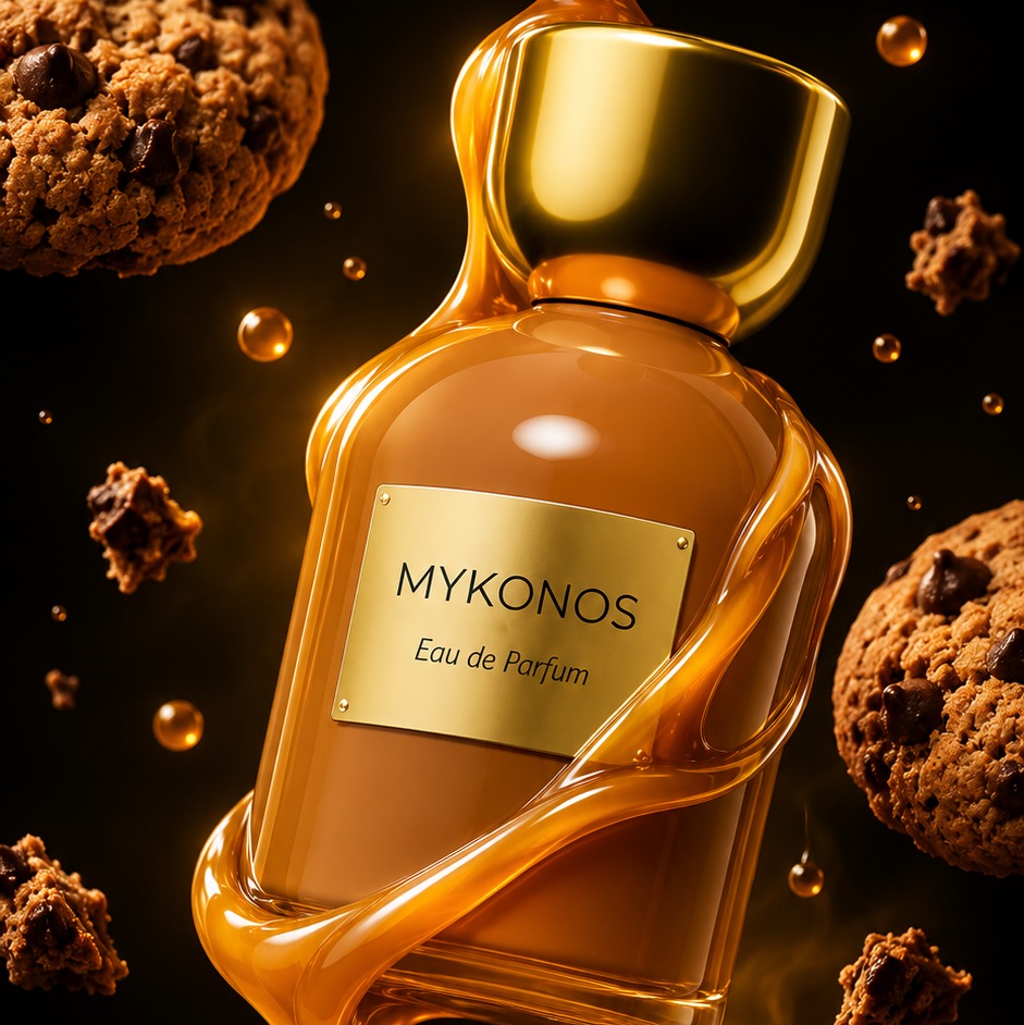 A perfume bottle labeled 'MYKONOS Eau de Parfum' with glossy amber liquid and dripping caramel-like fragrance, surrounded by chocolate chip cookies on a dark background.