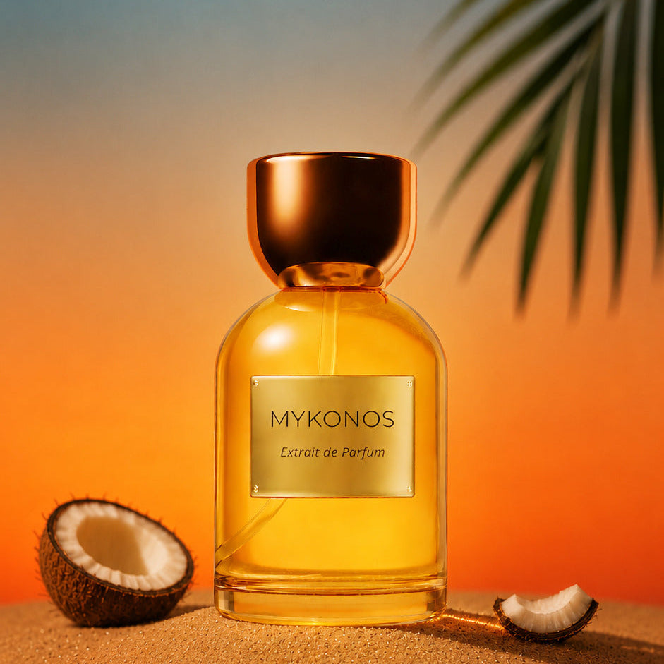 A bottle of MYKONOS Extrait de Parfum with amber liquid and a metallic gold cap, styled on a sandy beach with coconut halves and a palm leaf against a sunset gradient background.