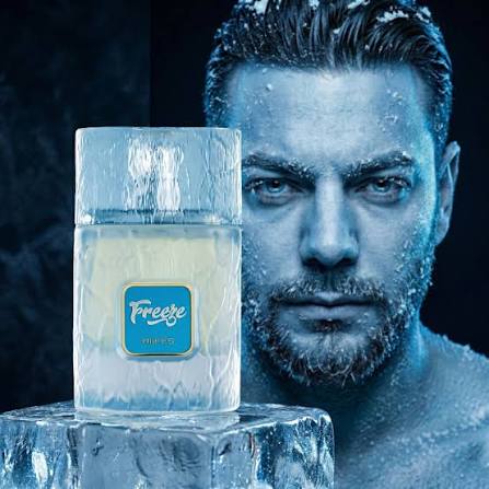 Riiffs Freeze 100ml perfume bottle with textured glass on an ice block next to a man with a frosted, icy appearance.