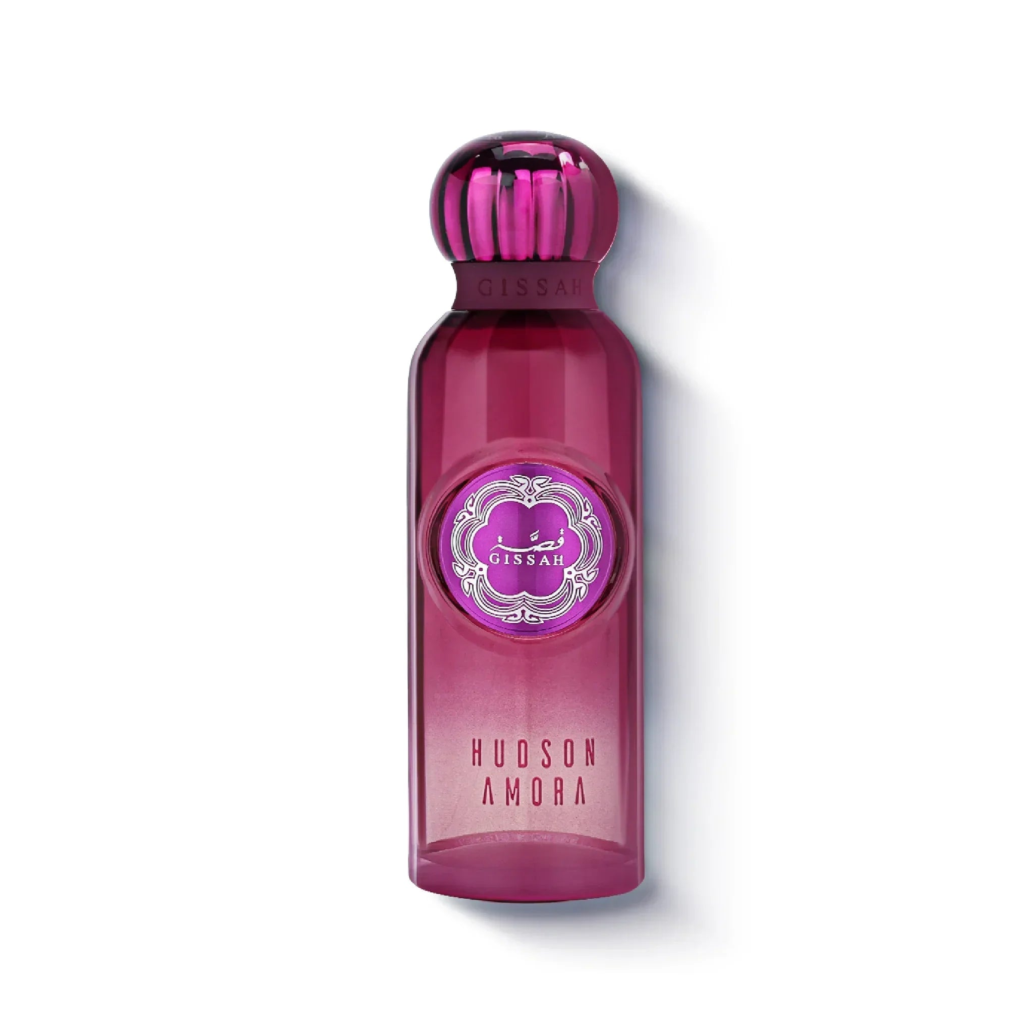 Elegant purple Gissah Hudson Amora perfume bottle with decorative label on white background