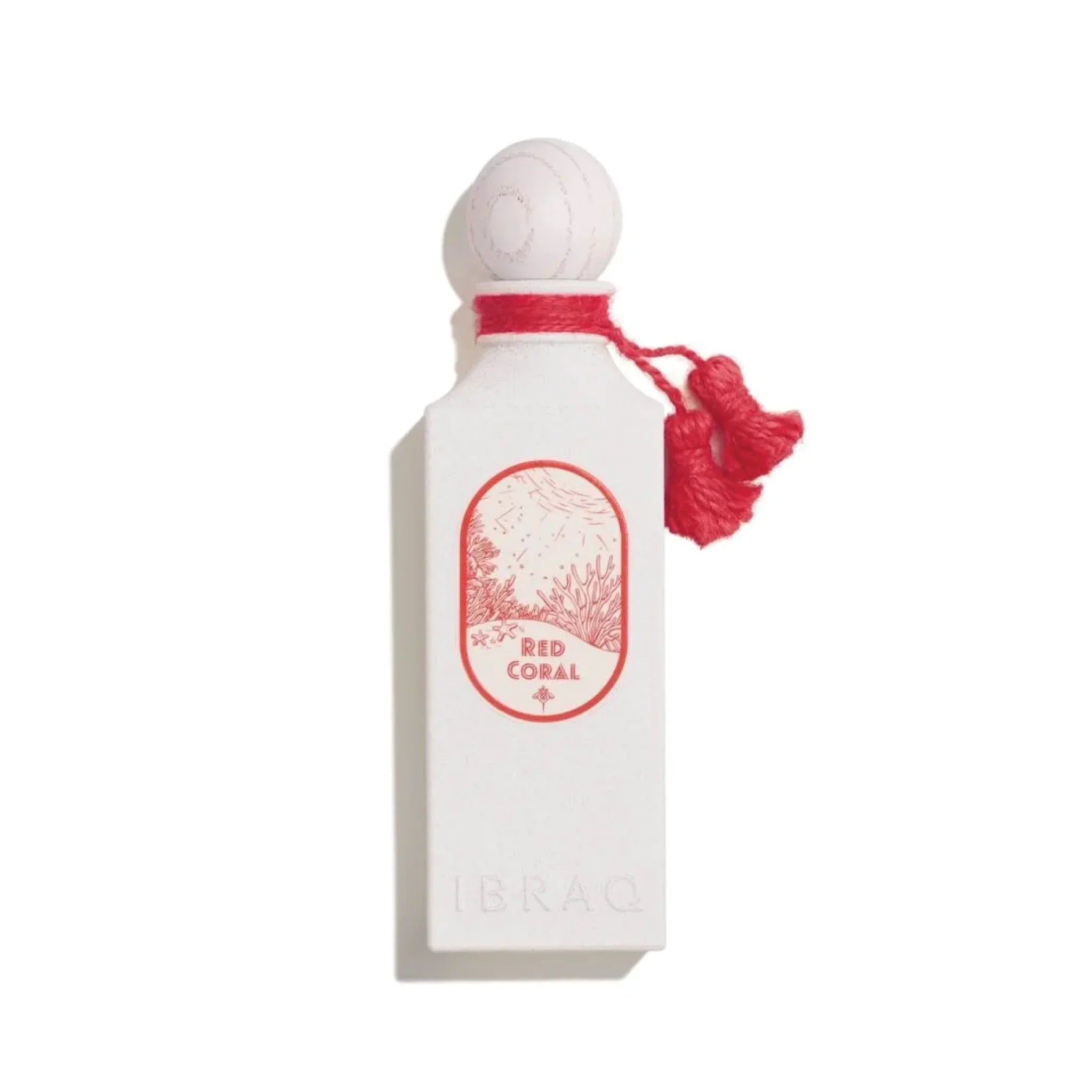 White IBRAQ Red Coral perfume bottle with red tassel and coral-inspired label