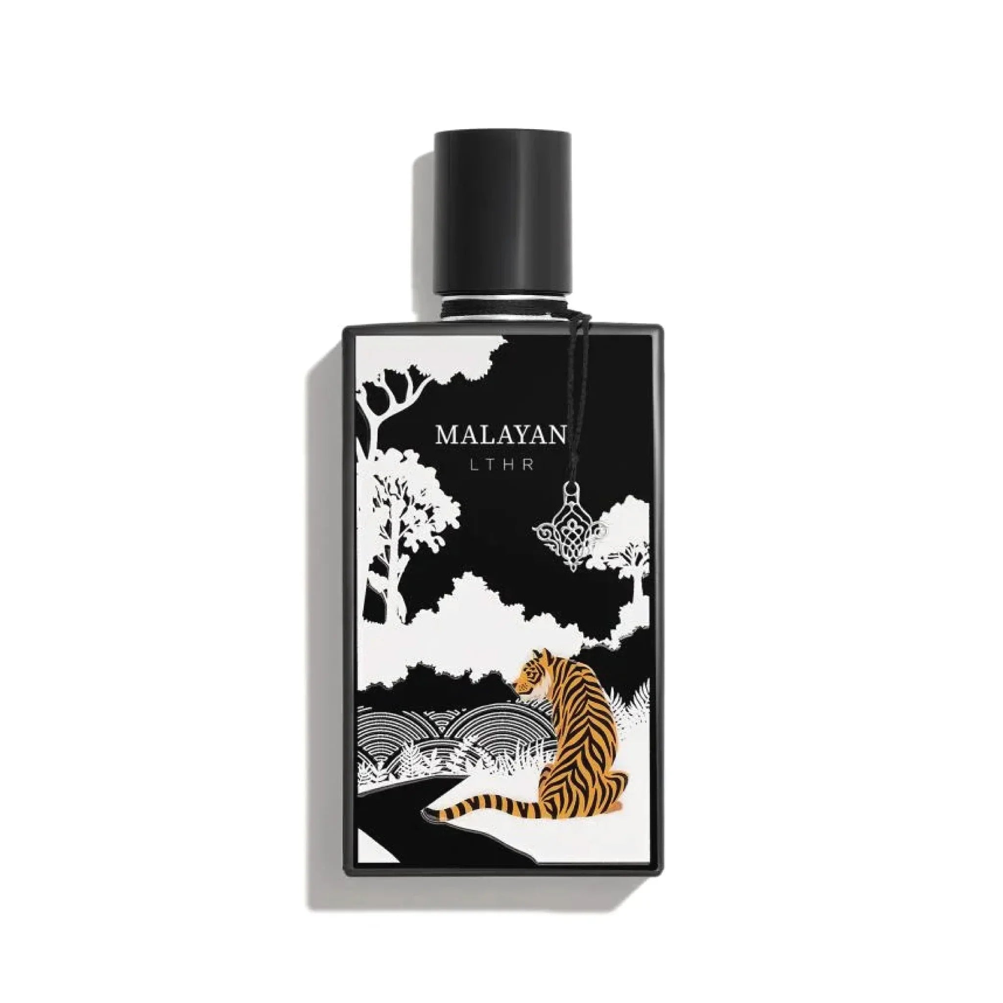 Malayan LTHR perfume bottle with black cap, tiger illustration, and luxury fragrance design