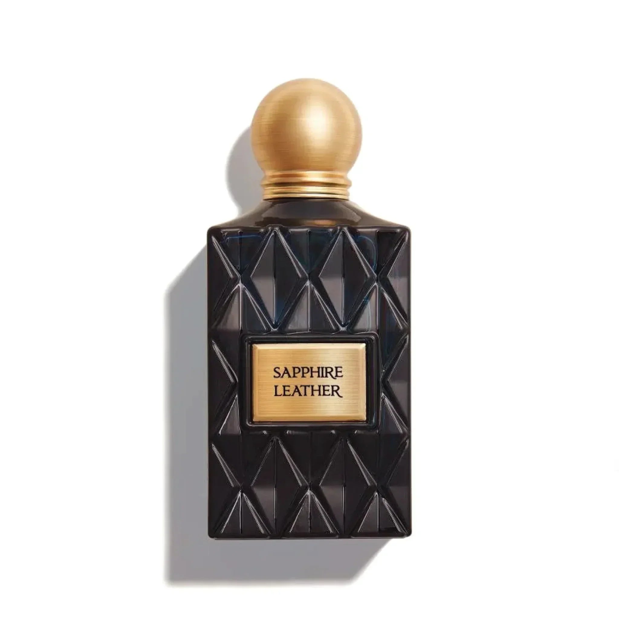 Sapphire Leather luxury perfume bottle with gold cap and geometric black design