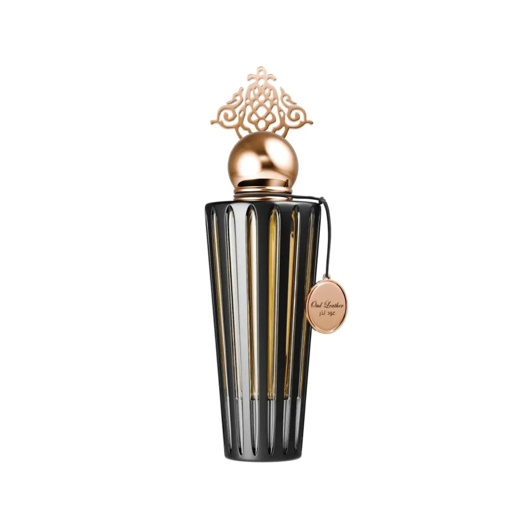 Elegant Middle Eastern perfume bottle with gold ornate cap and vertical striped design
