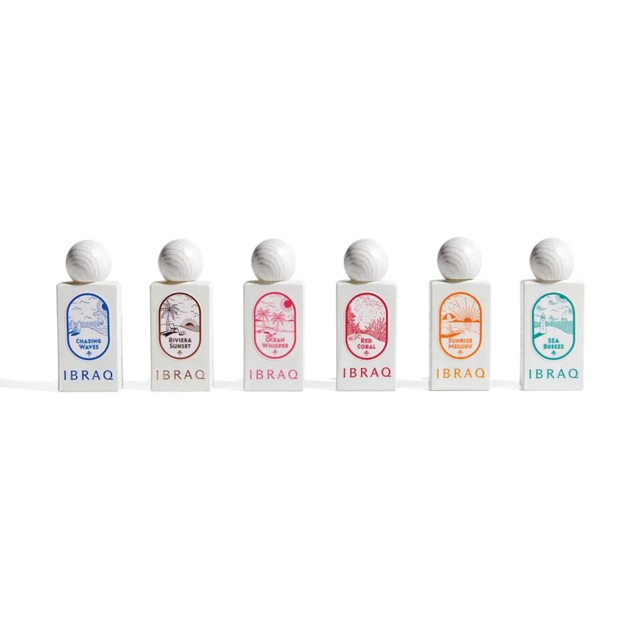 Six white IBRAQ perfume bottles with textured round caps and colorful labels in a row