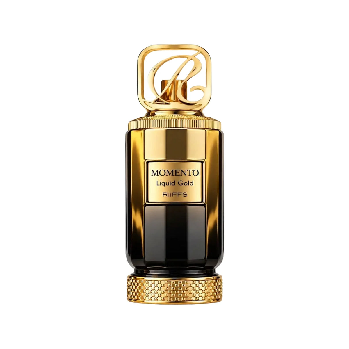 Momento Liquid Gold 100ml perfume bottle with a dark glass body, gold accents, and an ornate R-shaped cap.