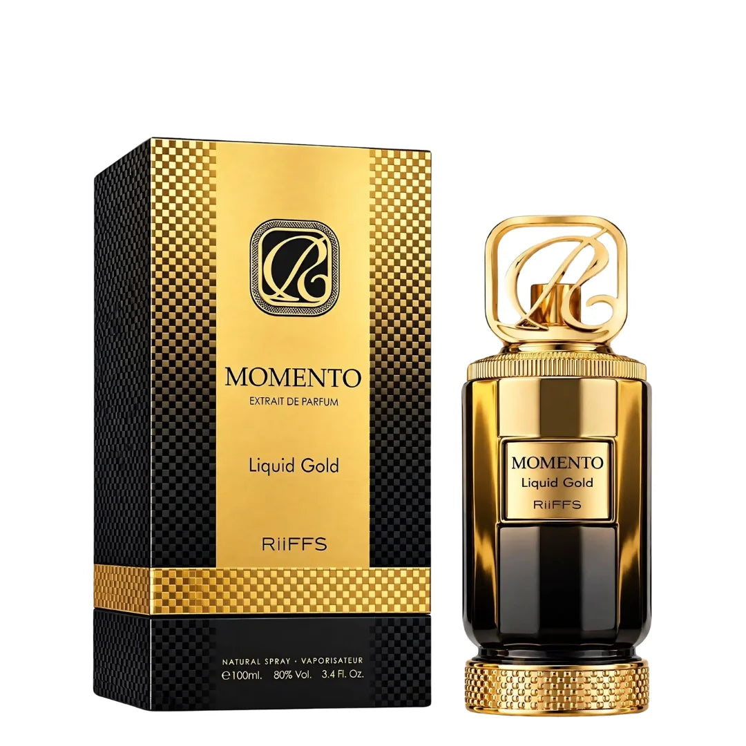 Momento Liquid Gold 100ml perfume bottle and box in black and gold with a textured metallic cap and elegant branding.