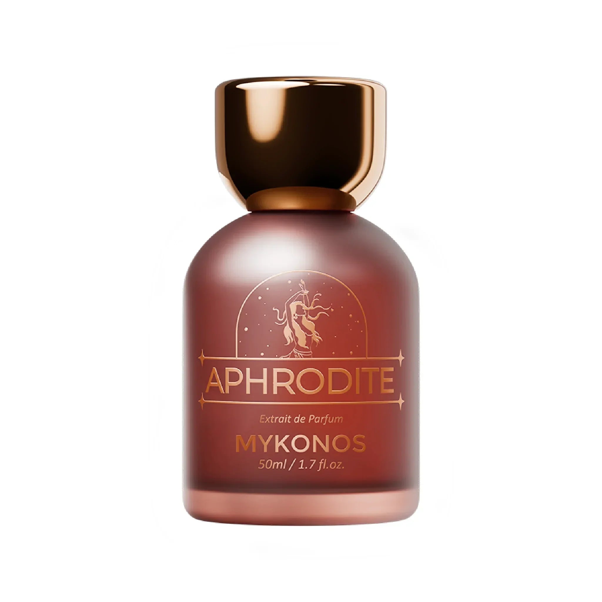 Aphrodite Mykonos Extrait de Parfum 50ml elegant bottle with gold cap on white background