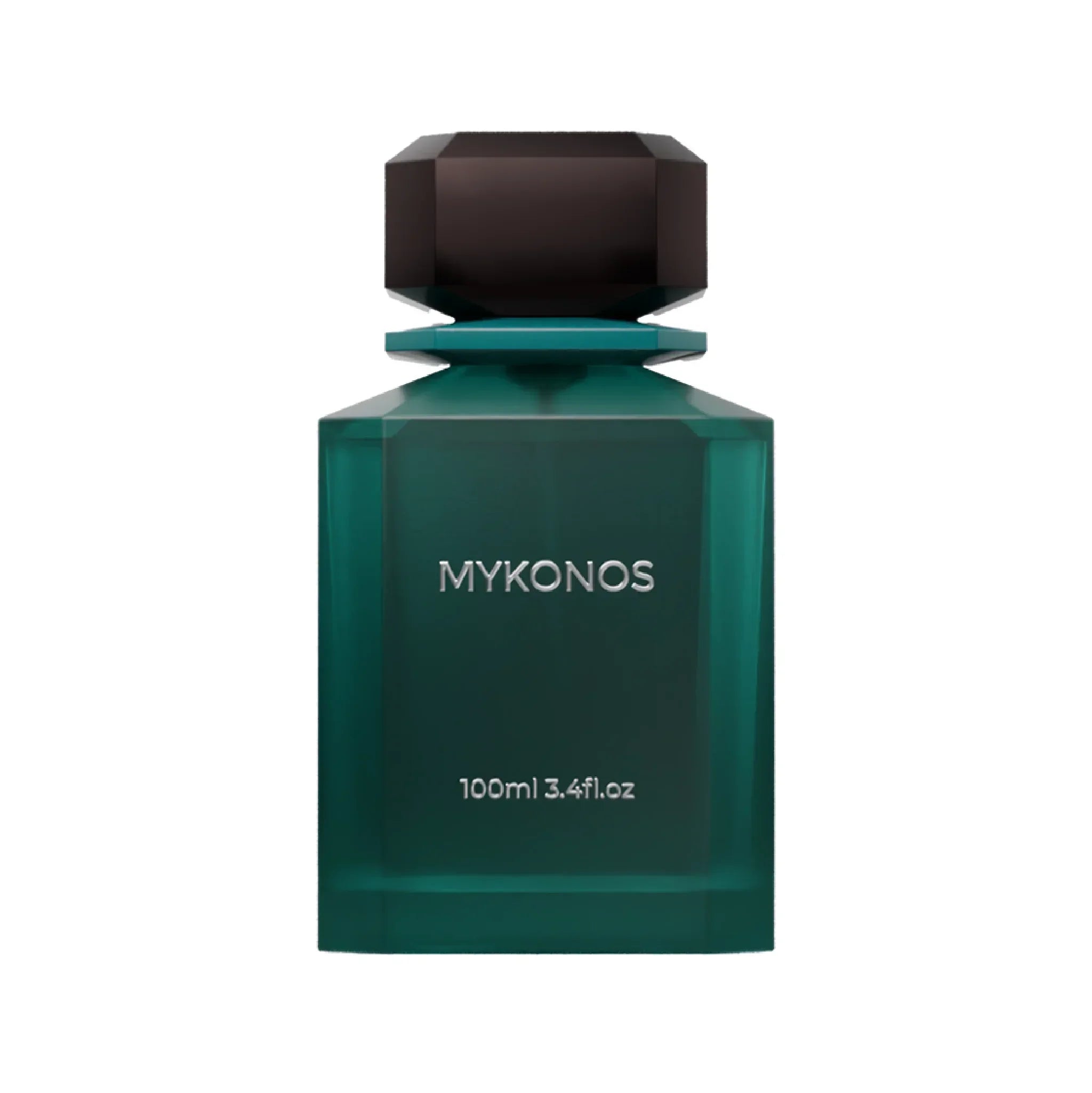 Mykonos luxury perfume bottle, emerald green glass, 100ml, elegant dark cap