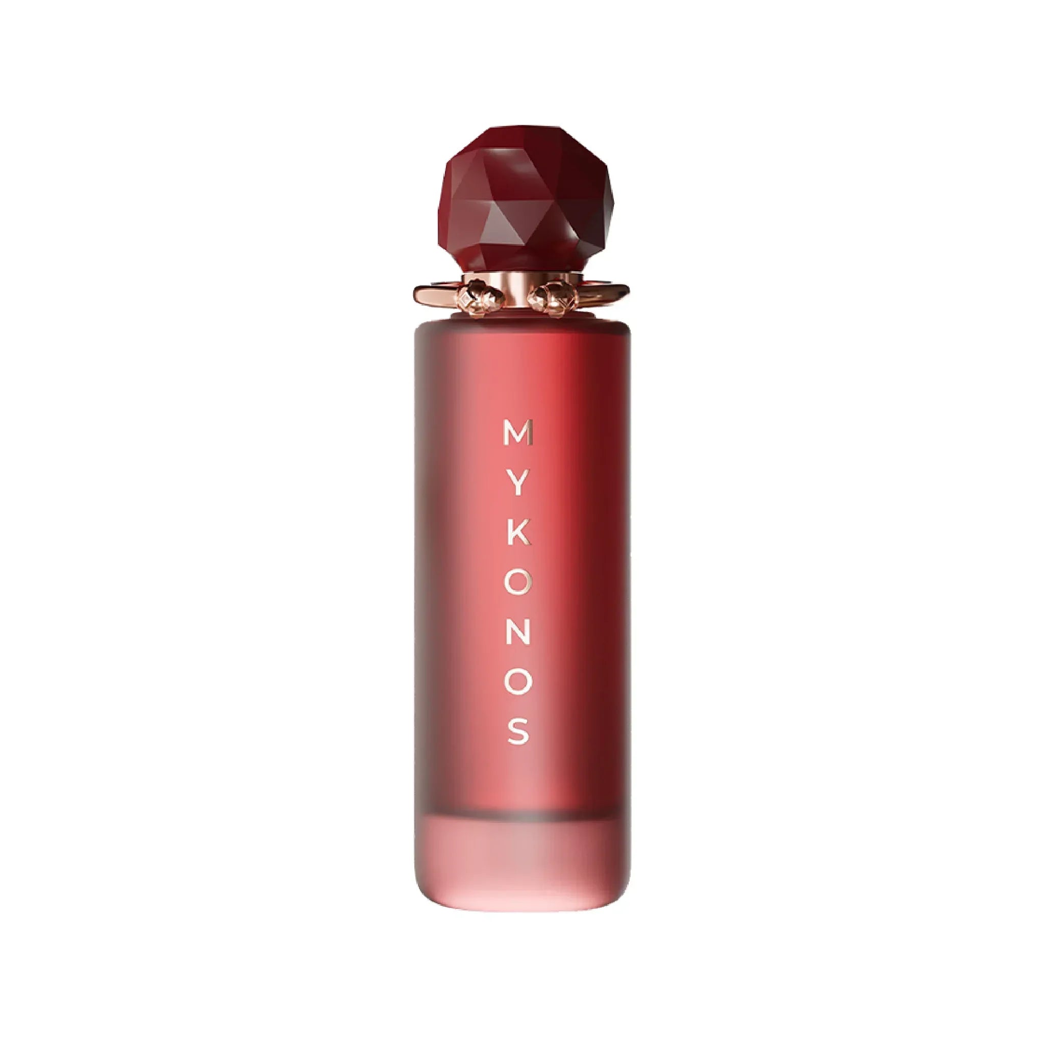 Red Mykonos perfume bottle with geometric cap and gold accents on a white background