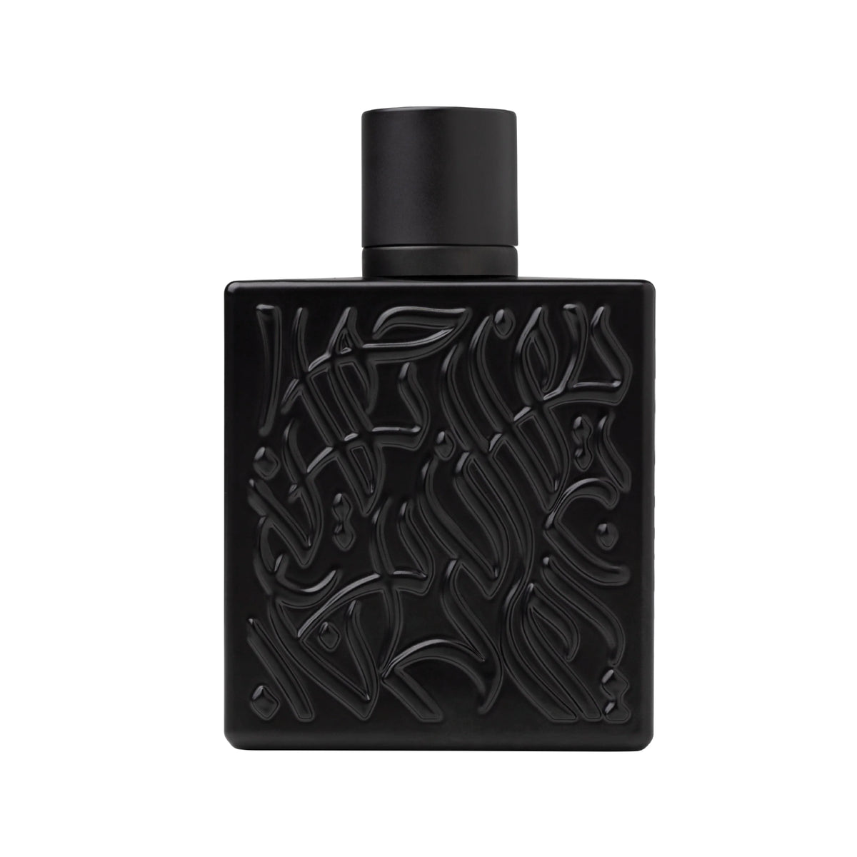 A matte black rectangular perfume bottle with a matching black cap, featuring embossed Arabic calligraphy on the front, set against a plain white background.
