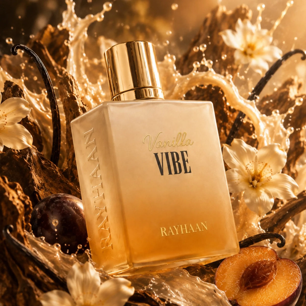 Rayhaan Vanilla Vibe perfume bottle with a gold cap, surrounded by vanilla beans, white flowers, and fresh plum slices.