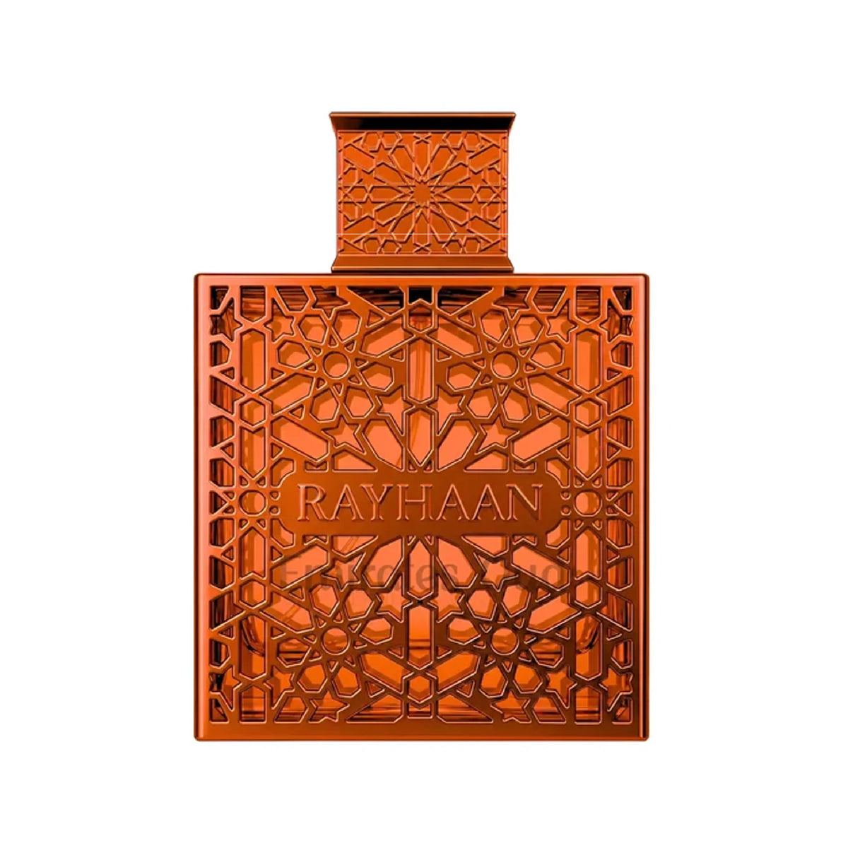 Rayhaan Vantage 100ml perfume bottle in metallic copper with intricate geometric lattice overlay and cap.
