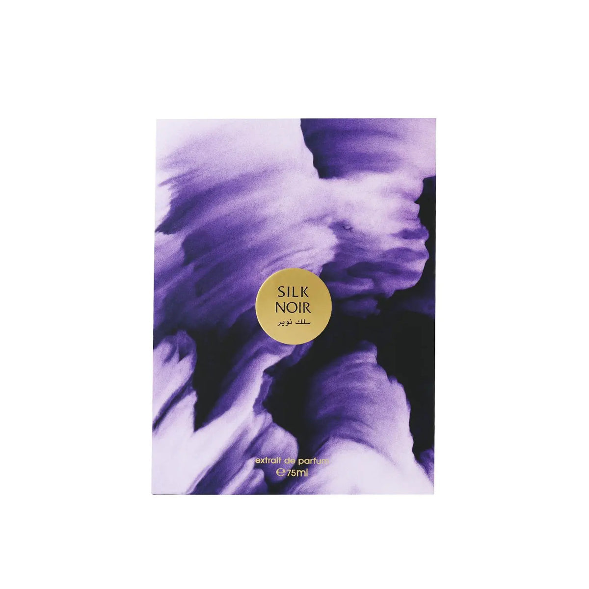 Silk Noir 75ml perfume box with abstract purple and black watercolor design and a circular gold logo label.