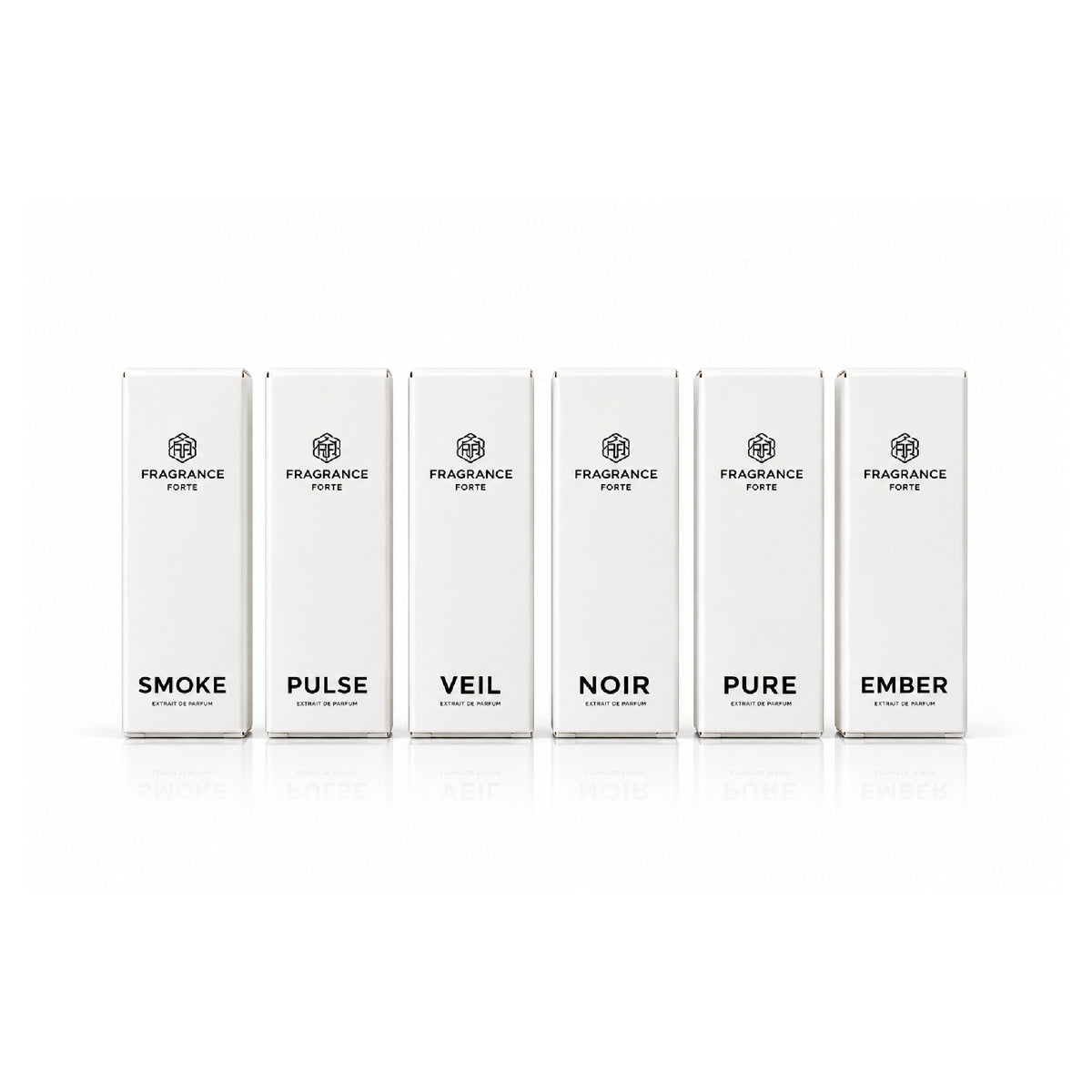 Six white rectangular fragrance boxes labeled Smoke, Pulse, Veil, Noir, Pure, and Ember, arranged in a row on a white surface.