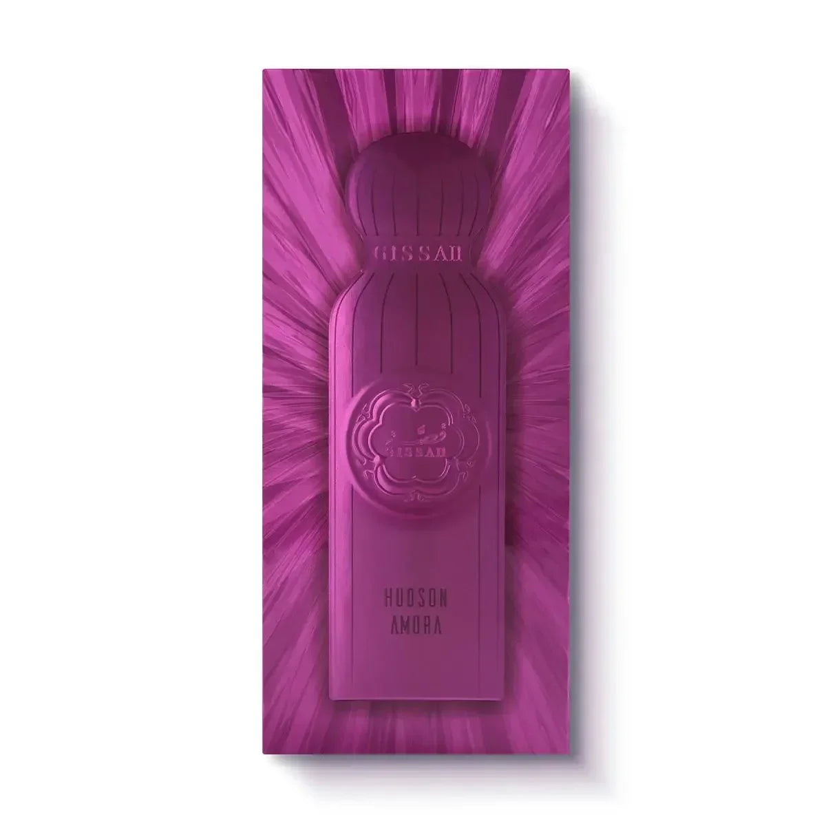 Purple Gissah Hudson Amora luxury perfume box with embossed bottle design