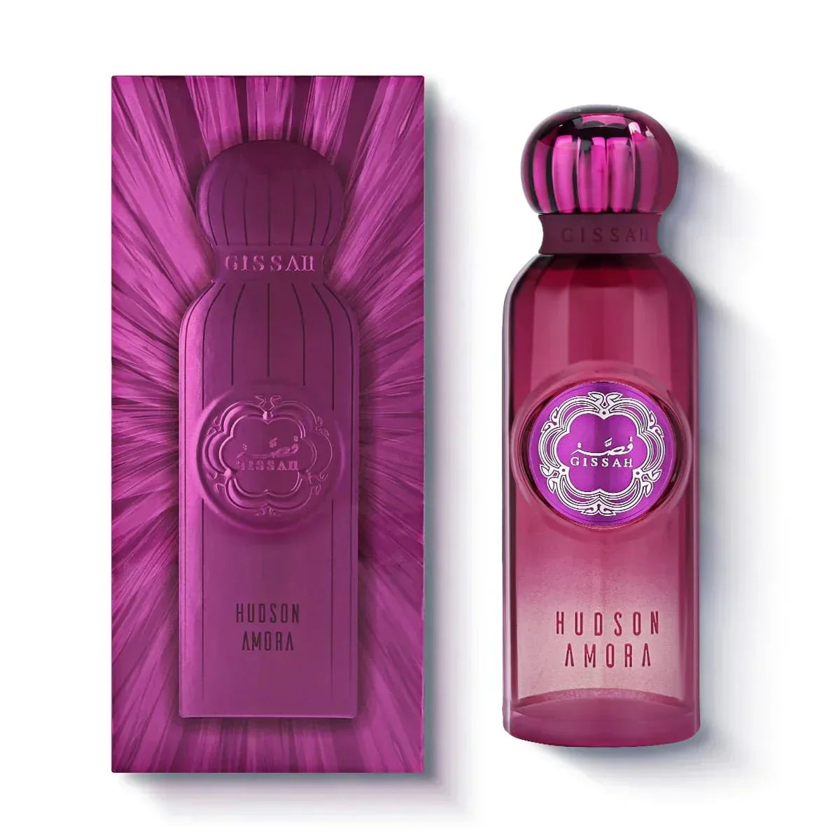 Hudson Amora EDP purple perfume bottle and matching textured box side by side