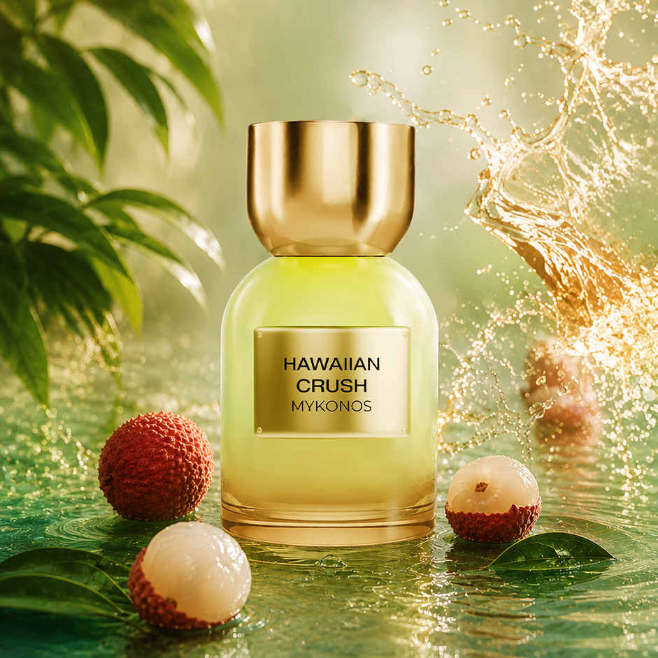 A glass perfume bottle labeled 'HAWAIIAN CRUSH' and 'MYKONOS' sits in reflective green water with lychee fruits and leaves around it. The bottle has a metallic gold cap and a pale yellow-green liquid inside, with a blurred tropical background and a splash of water on the right.