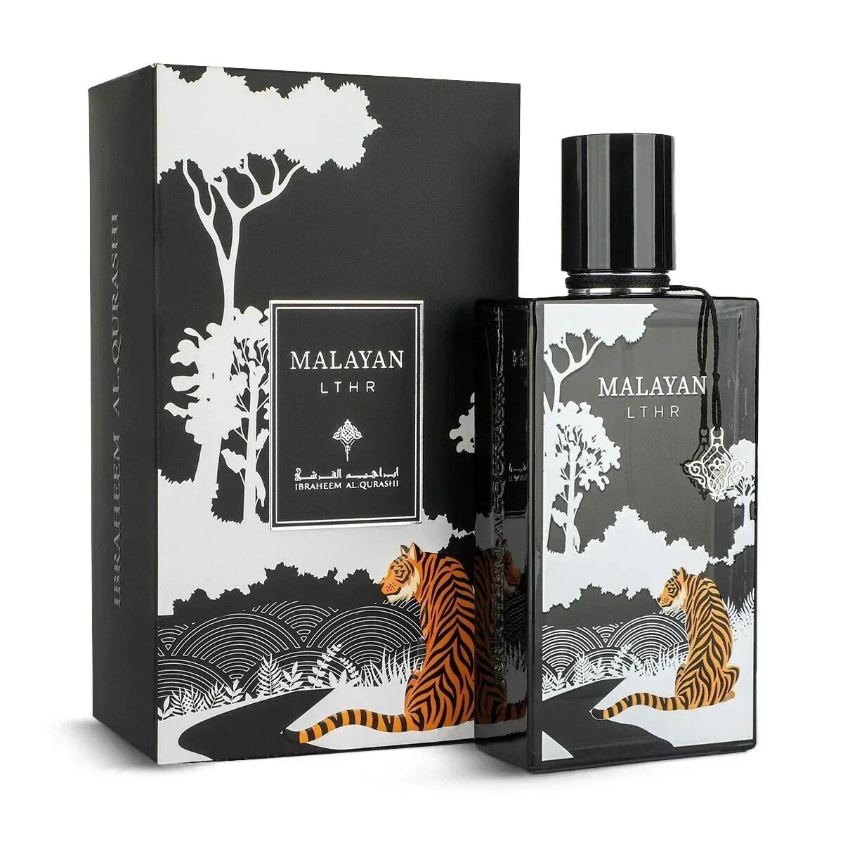 Malayan LTHR perfume bottle and box with tiger and forest design, luxury fragrance.