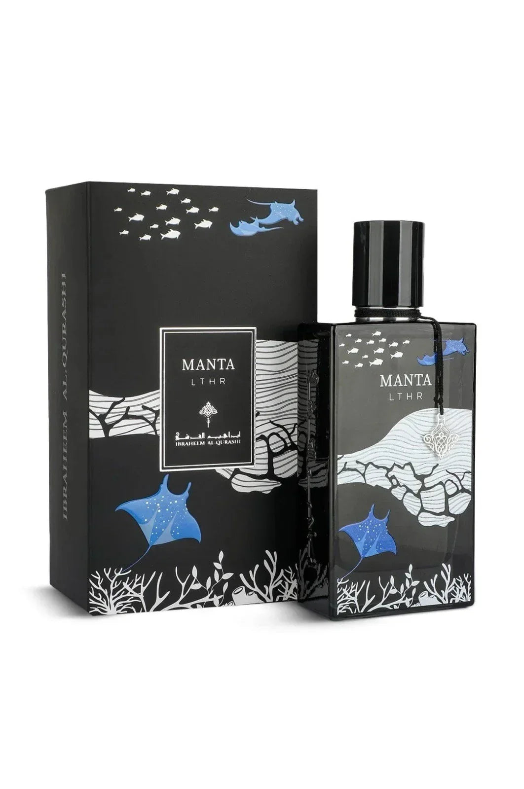Manta LTHR perfume bottle and box with blue manta ray and coral reef design