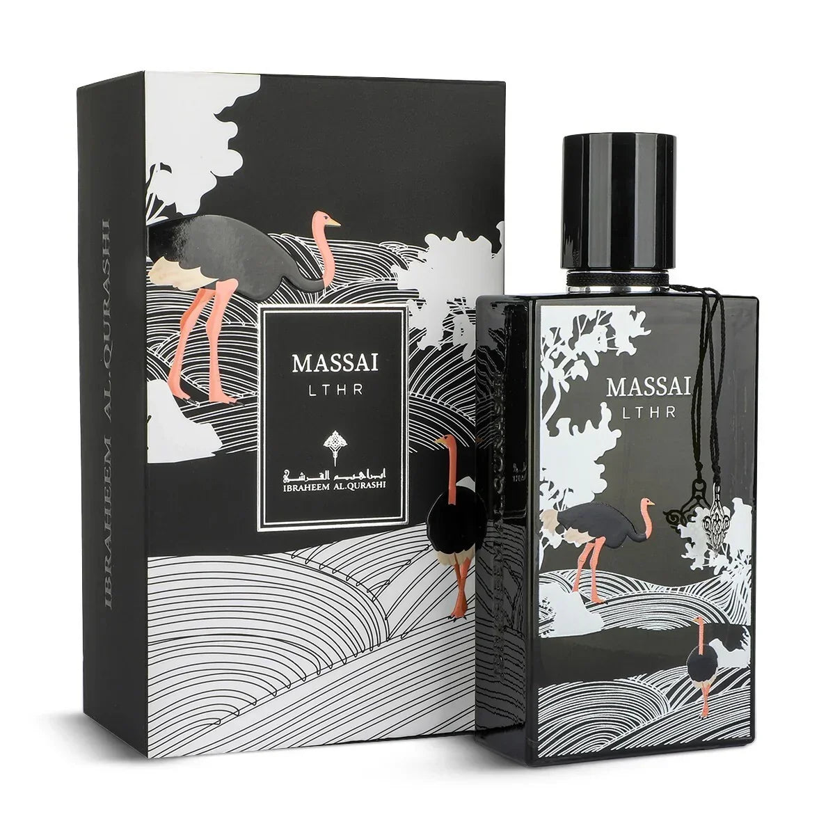 Massai Lthr luxury perfume bottle and box with crane illustration and elegant black design