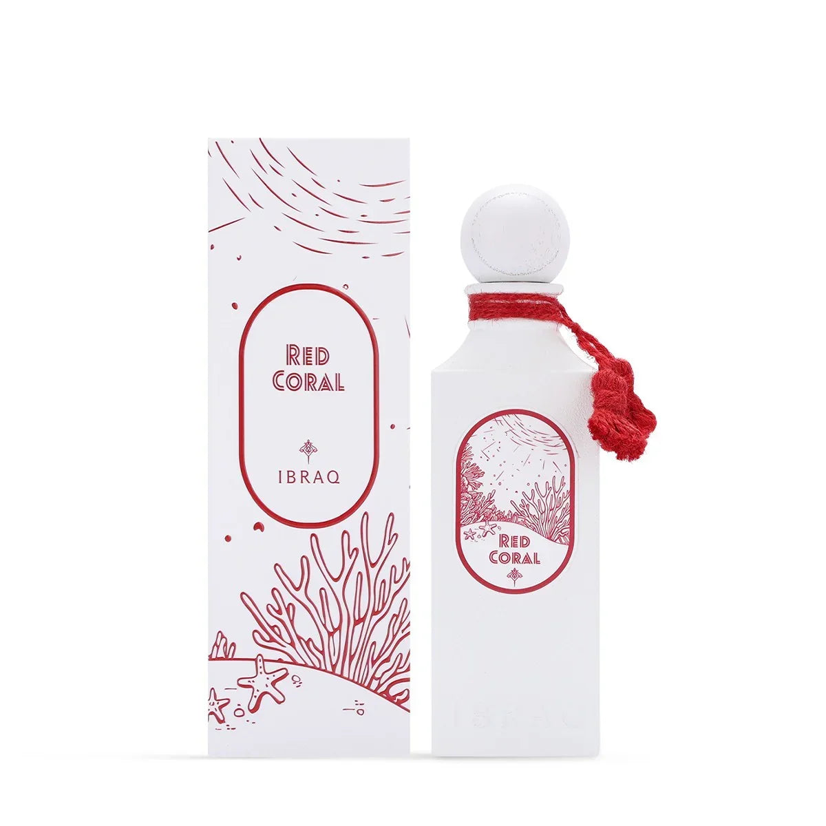 Red Coral Ibraq perfume bottle and box with red coral reef design, luxury fragrance